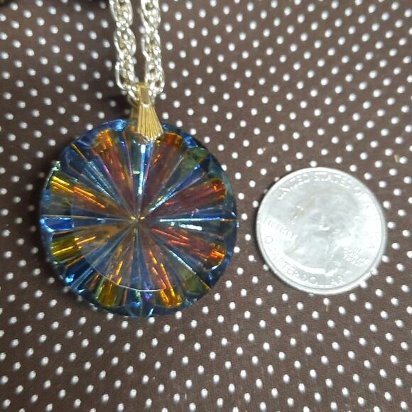 Vintage Multicolored Grooved Glass Pendant Silver Colored Chain Necklace Germany - Picture 8 of 8